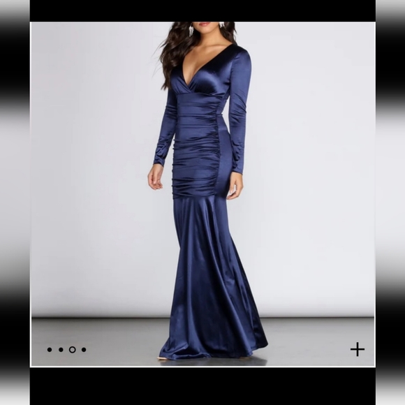 Windsor Katherine Formal Navy Satin Ruched Gown - Picture 1 of 4